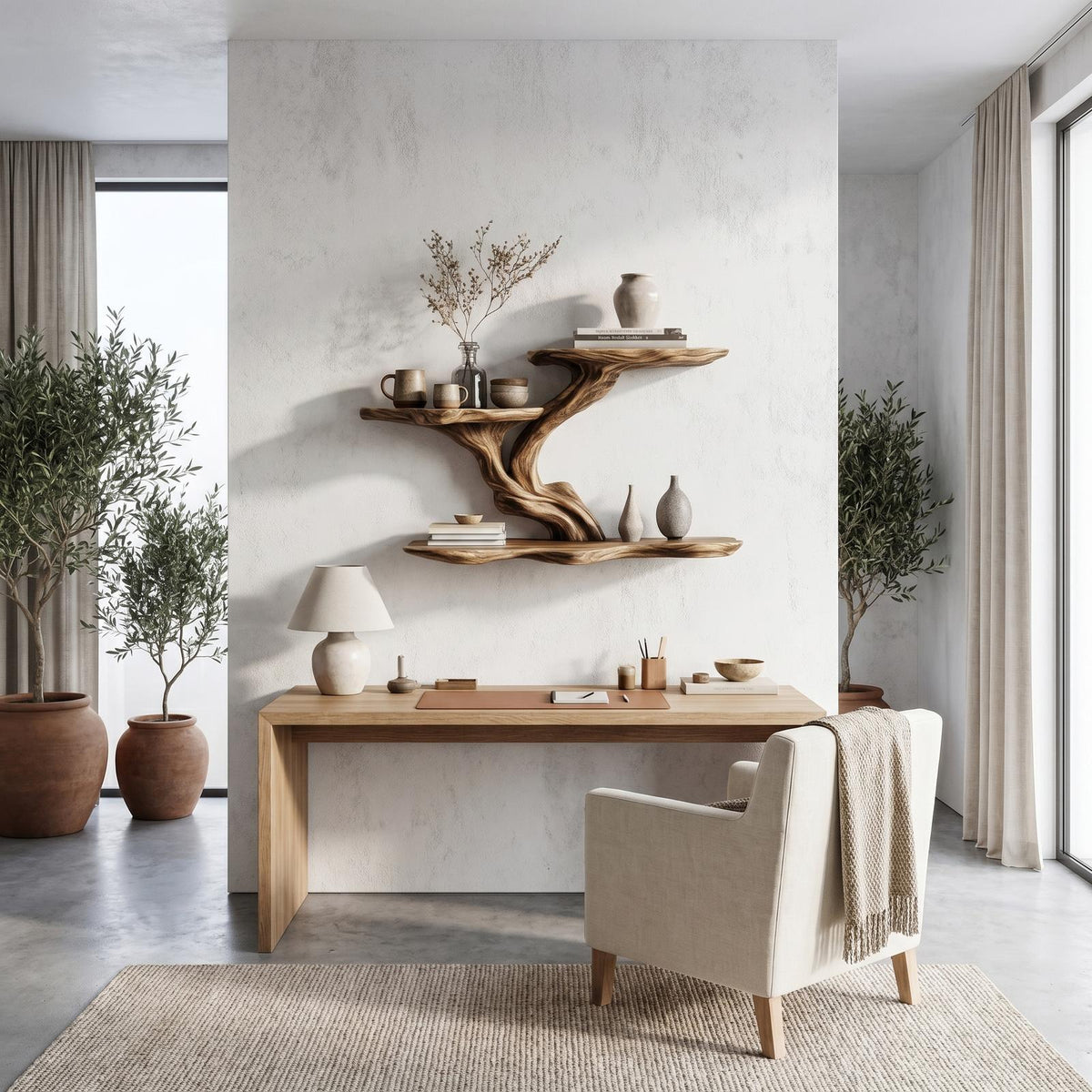 Organic Tree Branch Floating Shelf, Sculptural Wall Storage Solid Wood Ledge