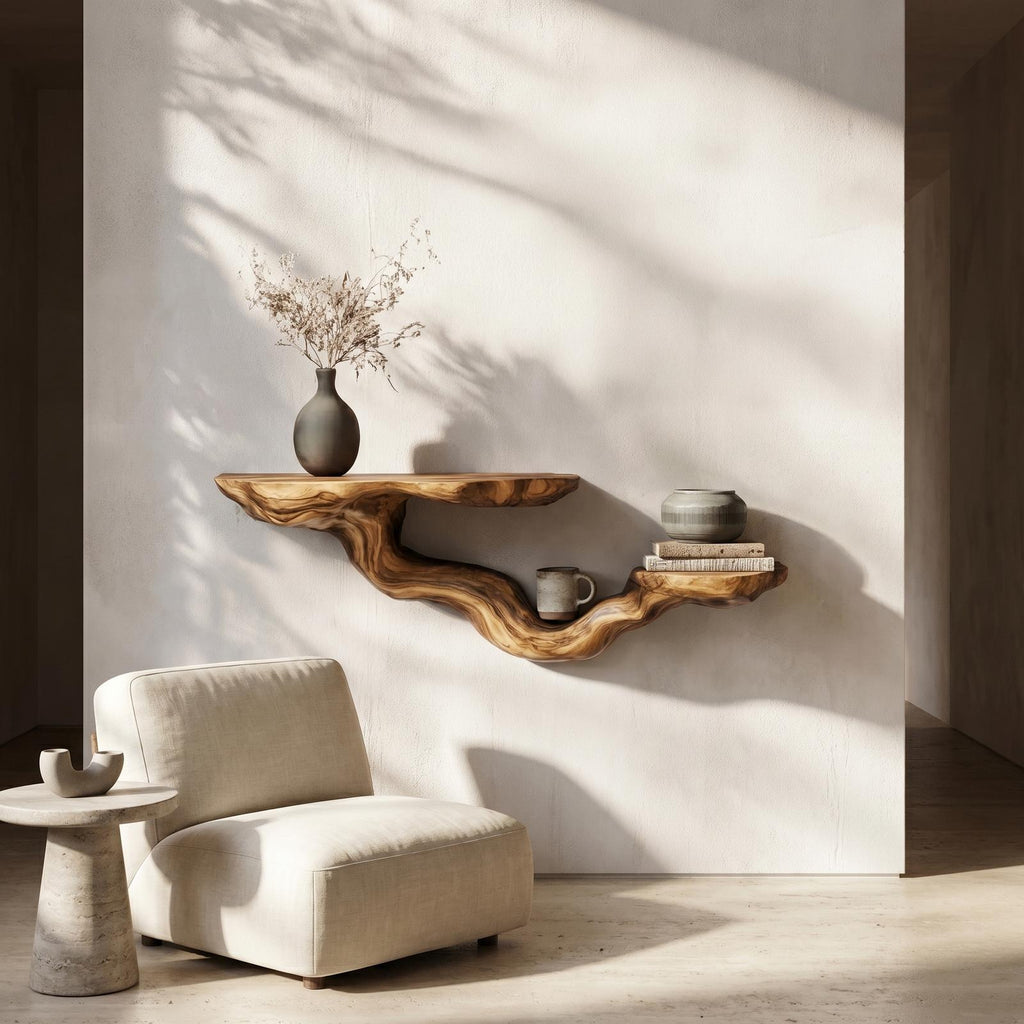 Rustic Floating Shelf with Sculptural Tree Branch Form, Wall Mounted Wood Organizer