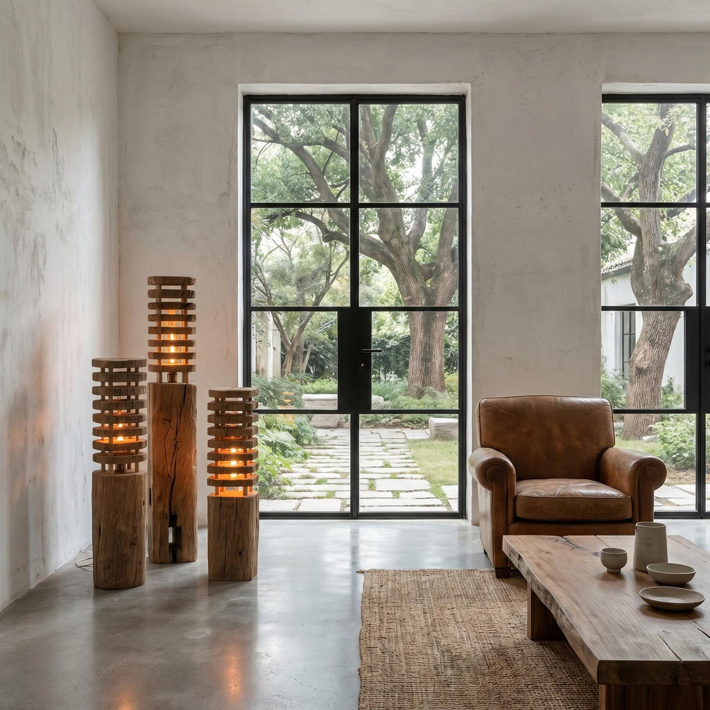 Rustic Wooden Floor Lamp with Sculptural Log Base, Natural Tree Trunk Standing Accent Light for Living Room