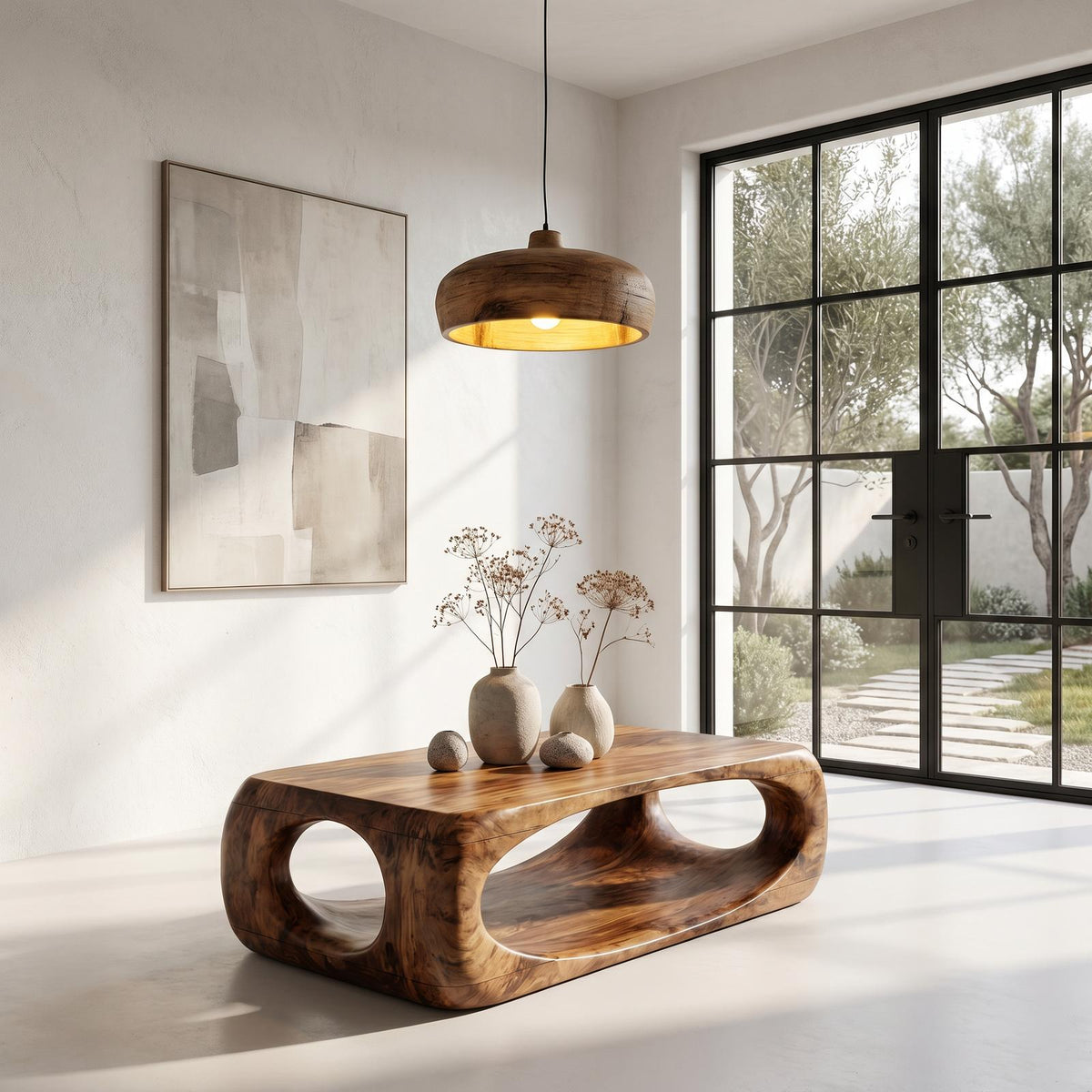 Nature Inspired Coffee Table with Flowing Open Form Base, Handcrafted Organic Solid Wood Center Table, Model