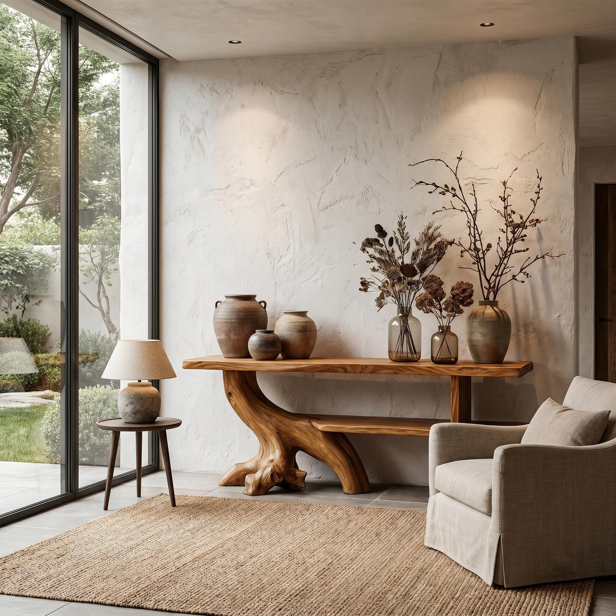 Organic Wood Console Table with Sculptural Tree Branch Base, Rustic Entryway & Living Room Accent Foyer Table