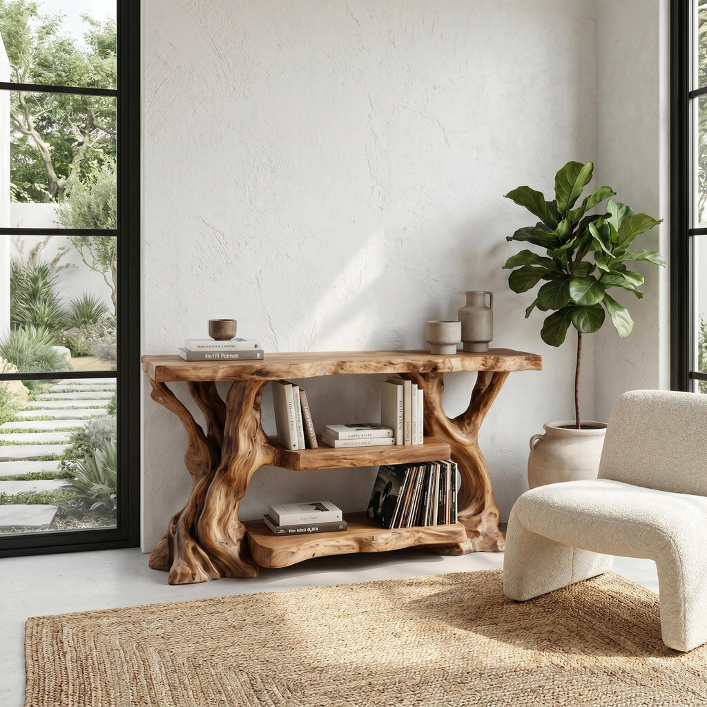 Rustic TV Stand with Natural Wood Sculptural Frame, Solid Wood Media Console Table