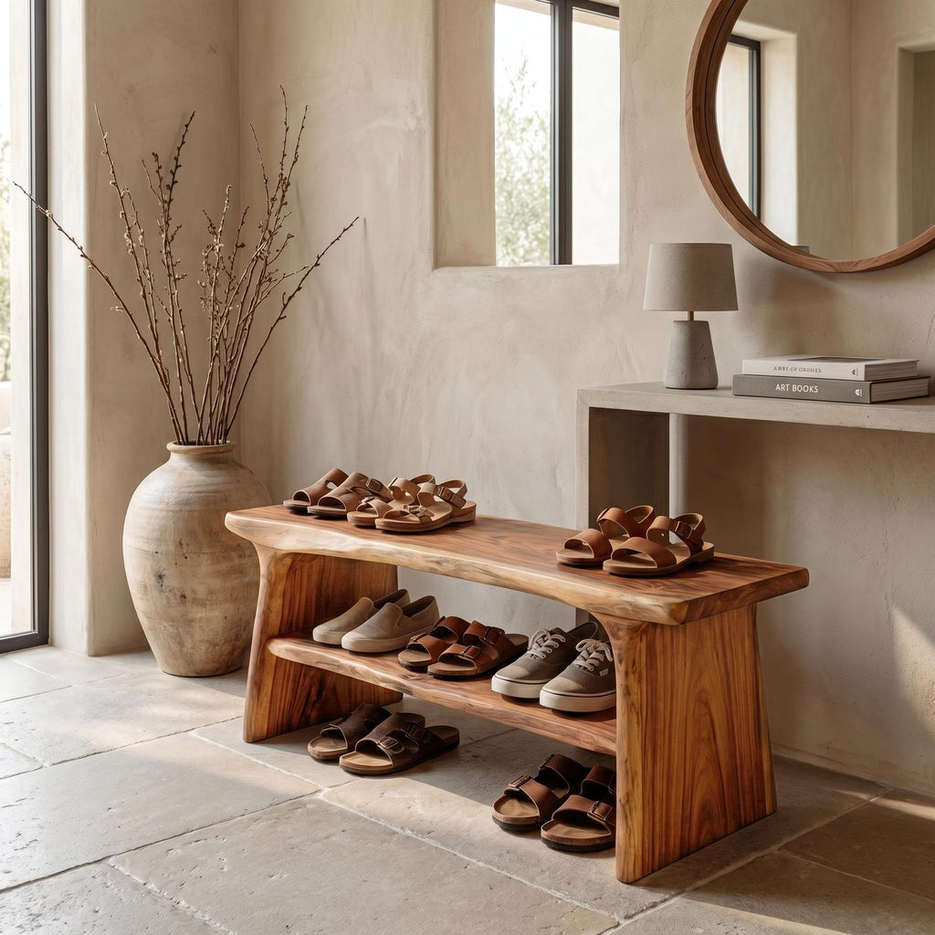 Rustic Shoe Bench with Natural Wood Storage, Handcrafted Entryway Sitting Bench