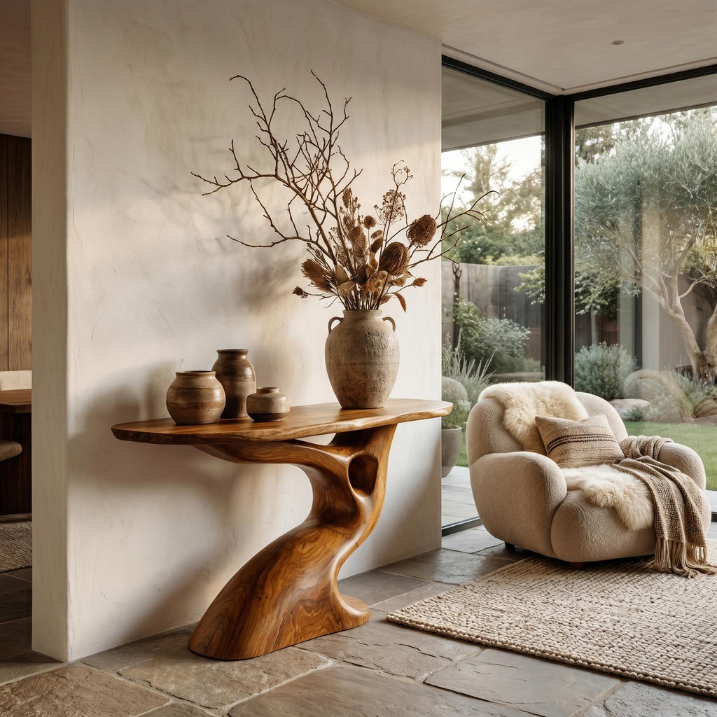 Tree-Inspired Console Table with Sculptural Wood Structure, Handcrafted Solid Wood Live Edge Entryway & Foyer Table