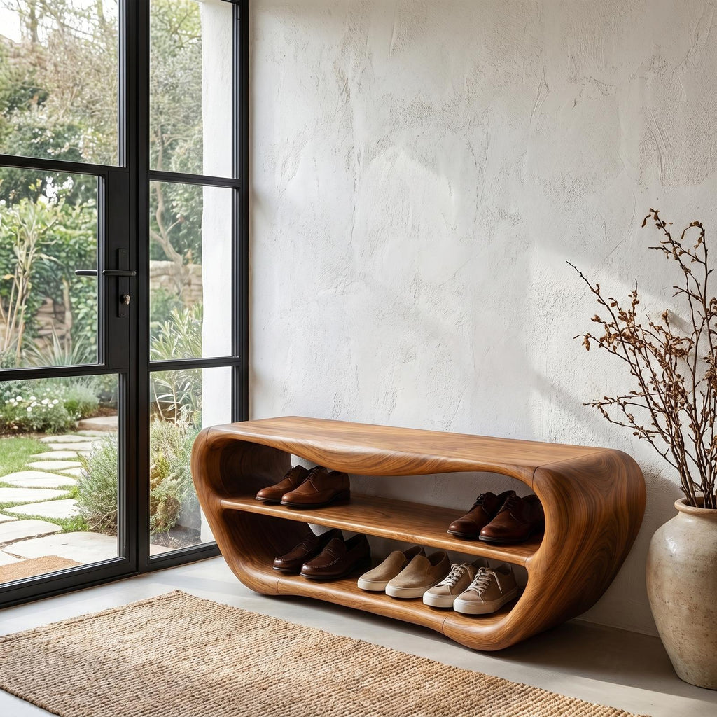 Handcrafted Shoe Bench with Open Storage, Rustic Wooden Entryway Sitting Bench Organizer