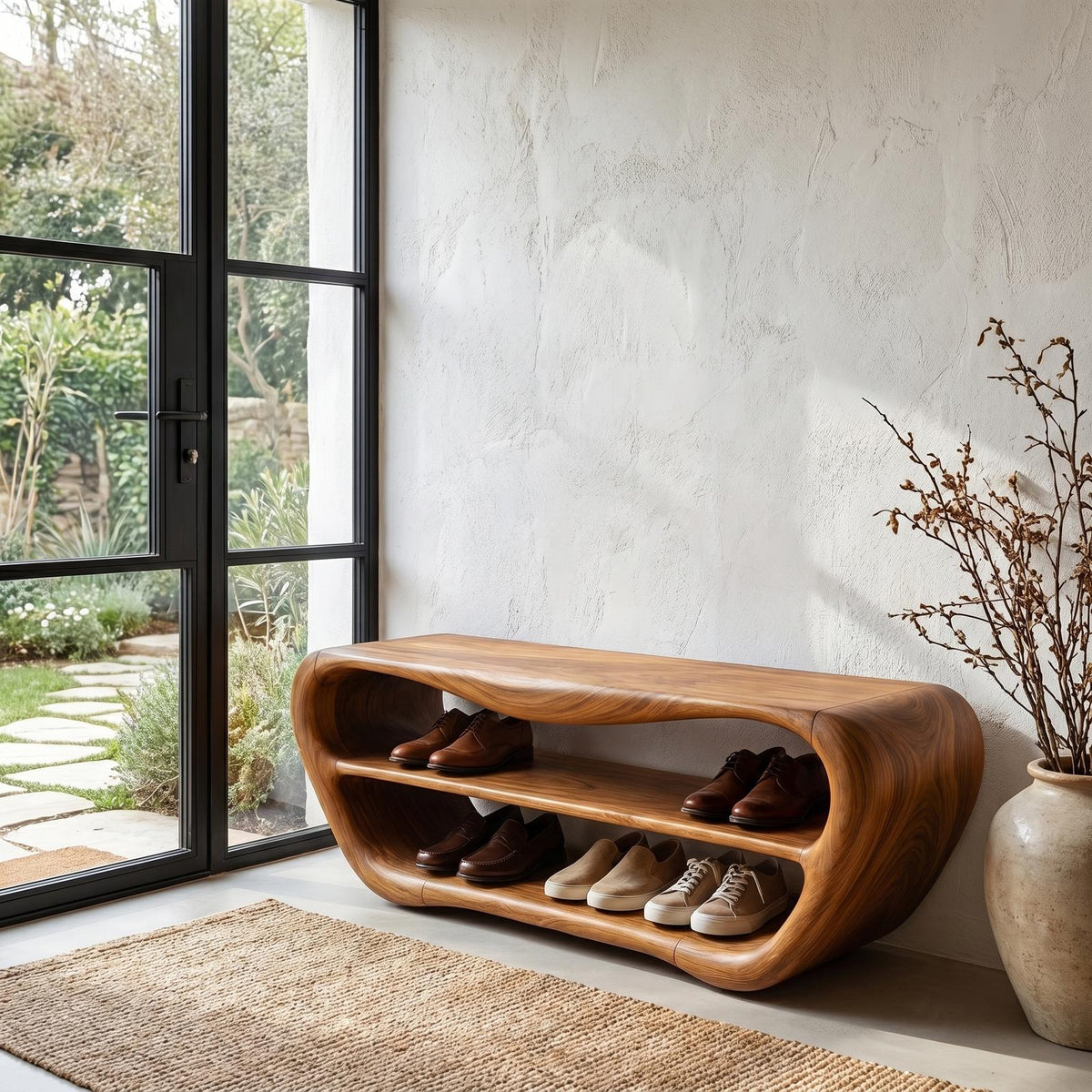 Handcrafted Shoe Bench with Open Storage, Rustic Wooden Entryway Sitting Bench Organizer