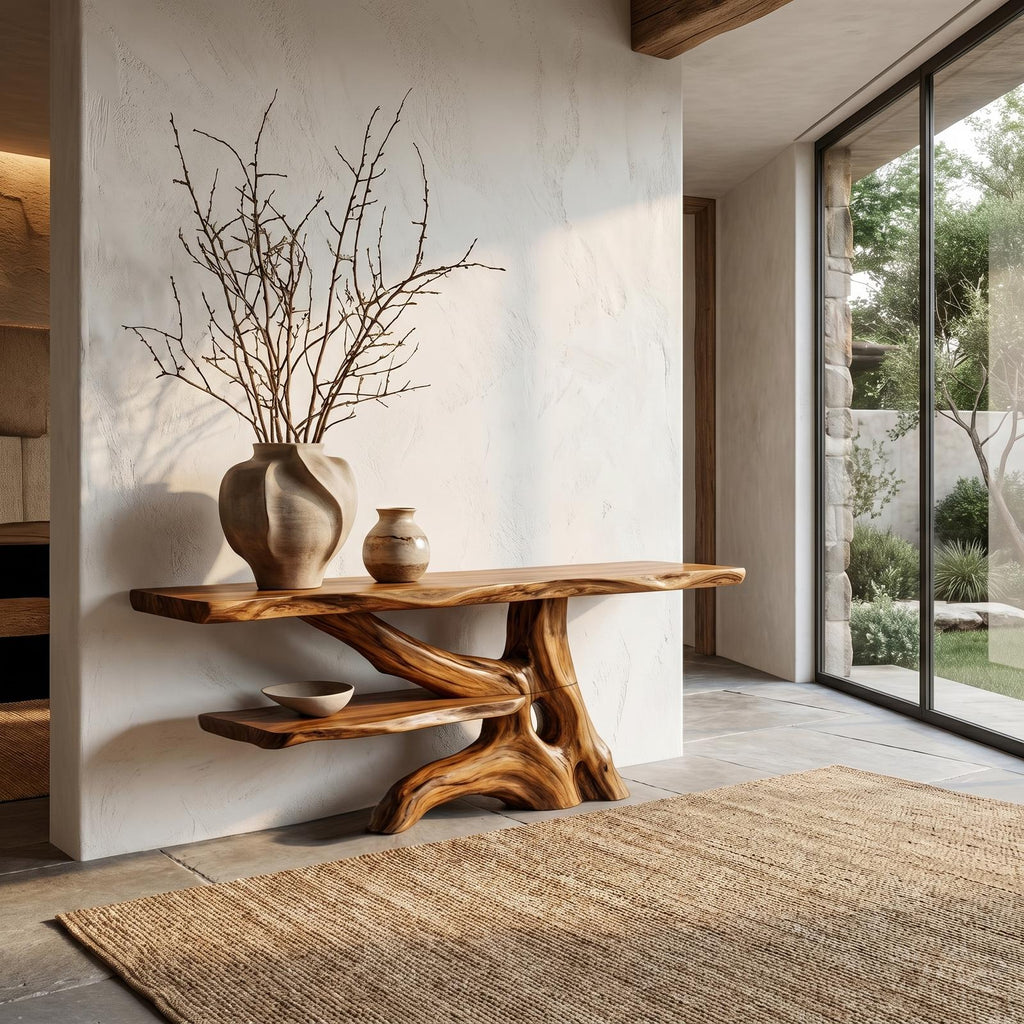 Contemporary Console Table with Sculptural Solid Wood Root Design, Handcrafted Live Edge Entryway & Hallway Table