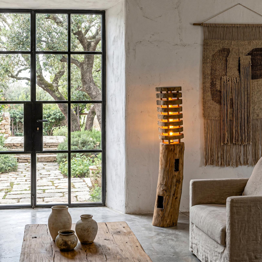 Rustic Log Floor Lamp with Sculptural Wooden Base, Natural Tree Trunk Standing Light for Living Room & Bedroom