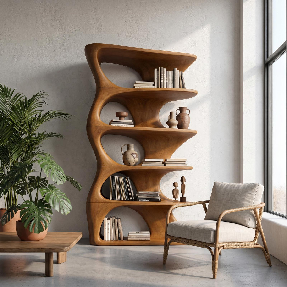 Organic Sculptural Wall Mounted Bookshelf with Curved Floating Wood Shelves, Decorative Wall Hanging Bookcase