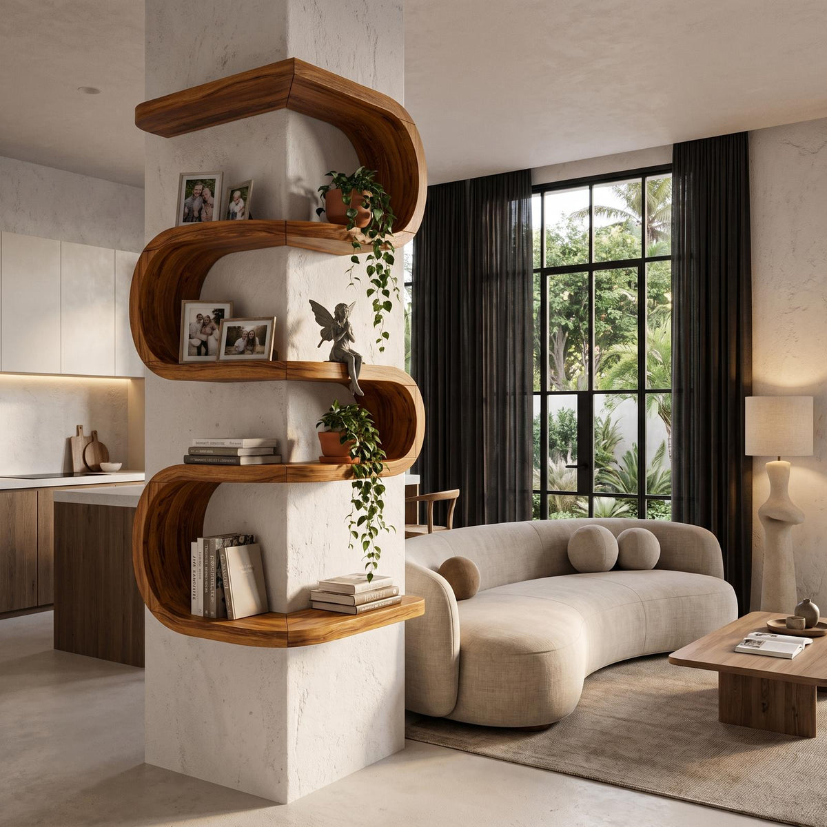Sculptural Corner Wall Bookshelf Handcrafted Curved Design For Living Room
