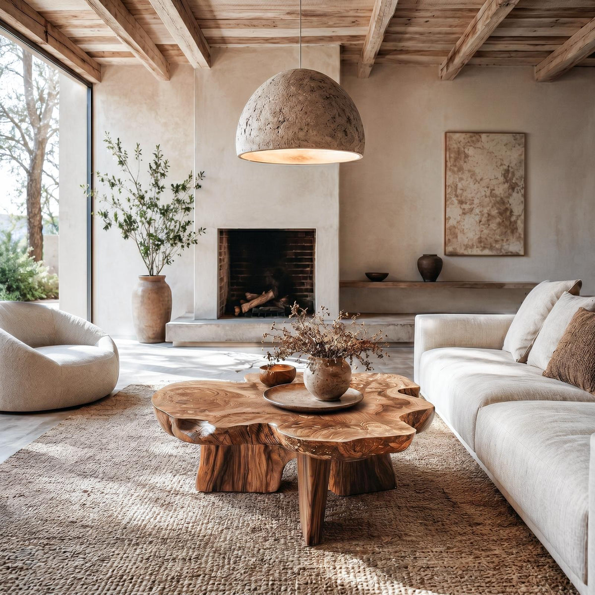 Organic Coffee Table with Sculptural Solid Wood Base, Modern Rustic Center Table for Living Room