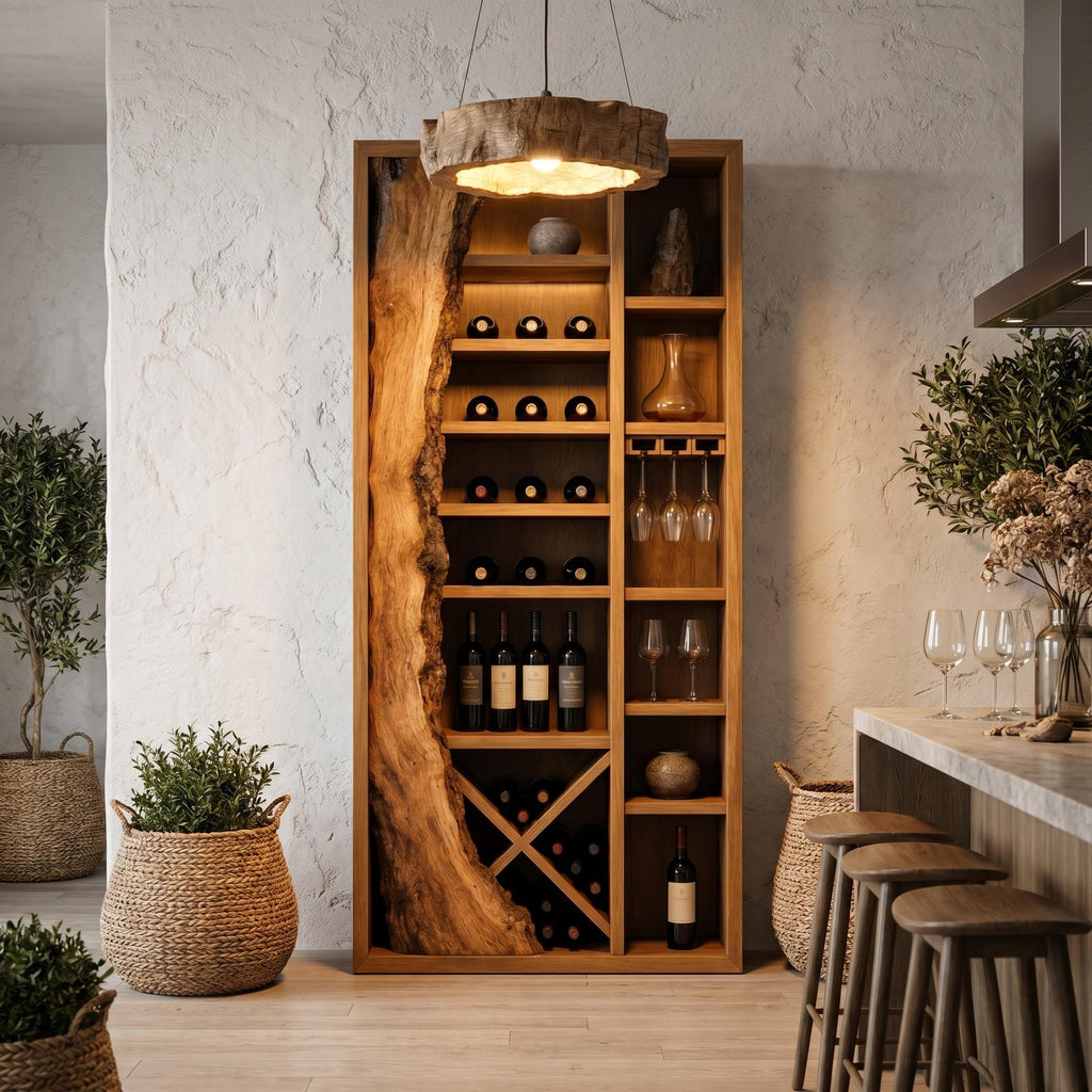 Rustic Wood Wine Cabinet, Live Edge Inlay & Built-In Bottle Storage Bar Credenza for Dining Room
