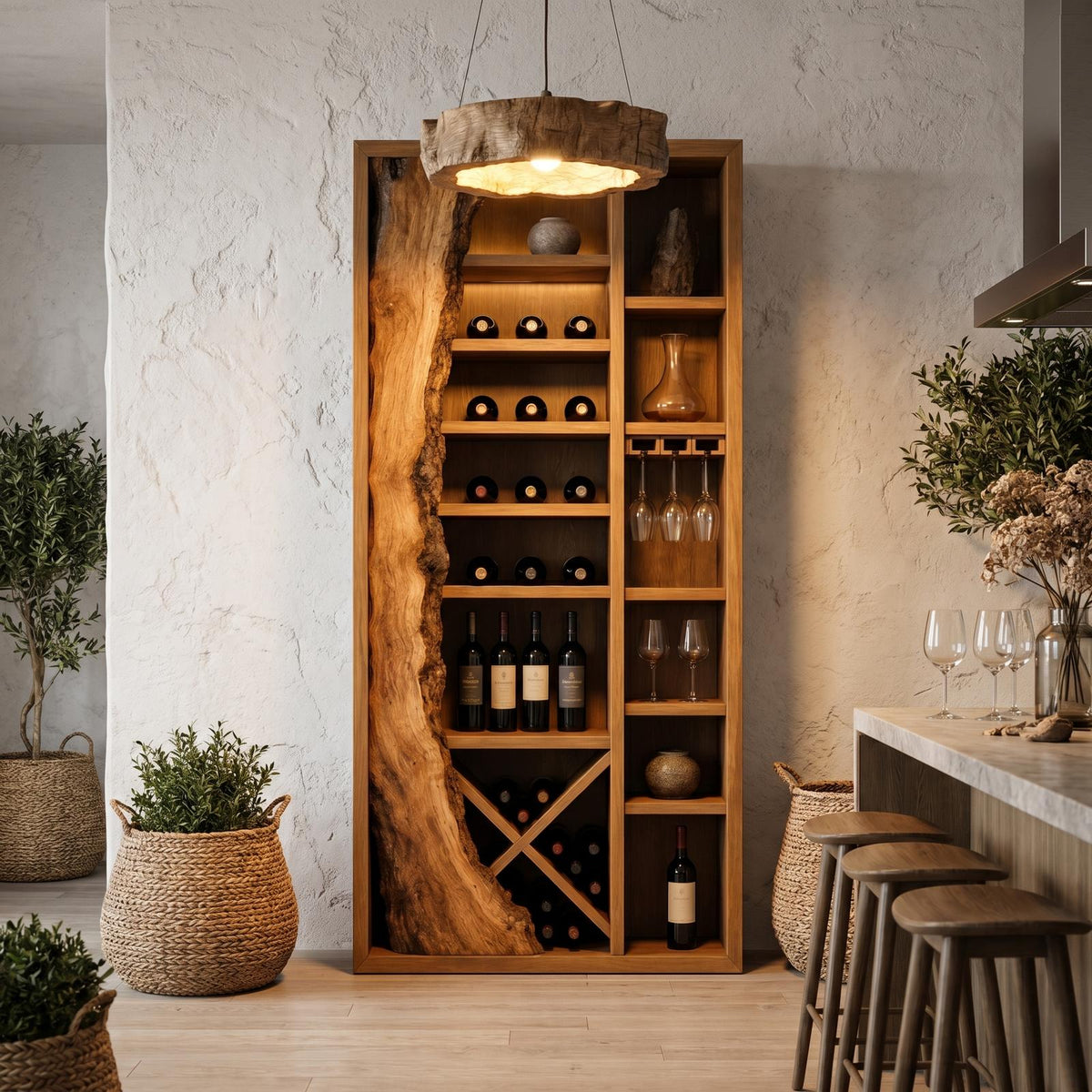 Rustic Wood Wine Cabinet, Live Edge Inlay & Built-In Bottle Storage Bar Credenza for Dining Room