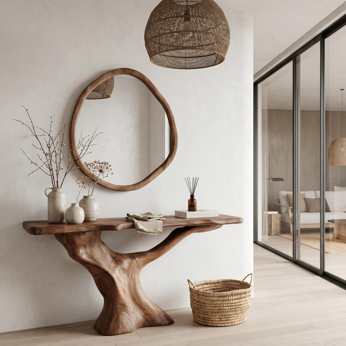 Spry Interior Rustic Wooden Console Table with Sculptural Base, Handcrafted Live Edge Entryway Table for Living Room Home Decor, SINLHACS575