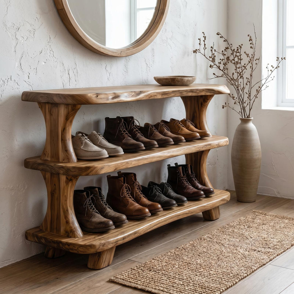Modern Wooden Shoe Rack, Sculptural Entryway Organizer Closet Cabinet with Shelves