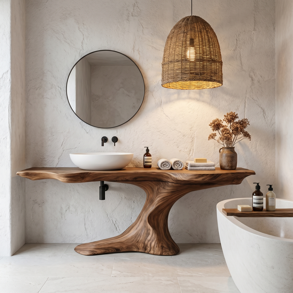 Rustic Organic Bathroom Vanity with Live Edge Countertop & Sculptural Tree Root Base, Wooden Sink Cabinet