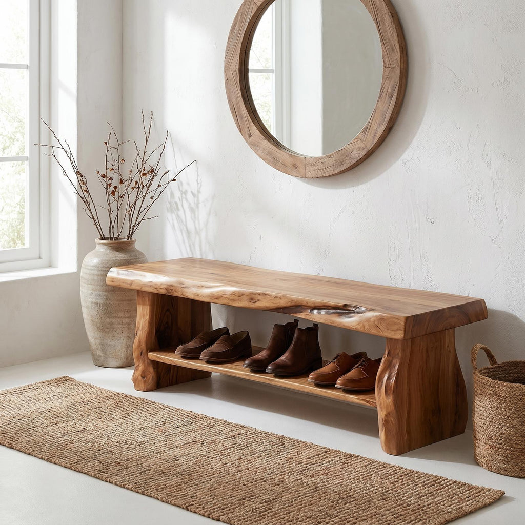 Rustic Solid Wood Shoe Bench, Natural Entryway Shoe Organizer Rack & Seat with Storage