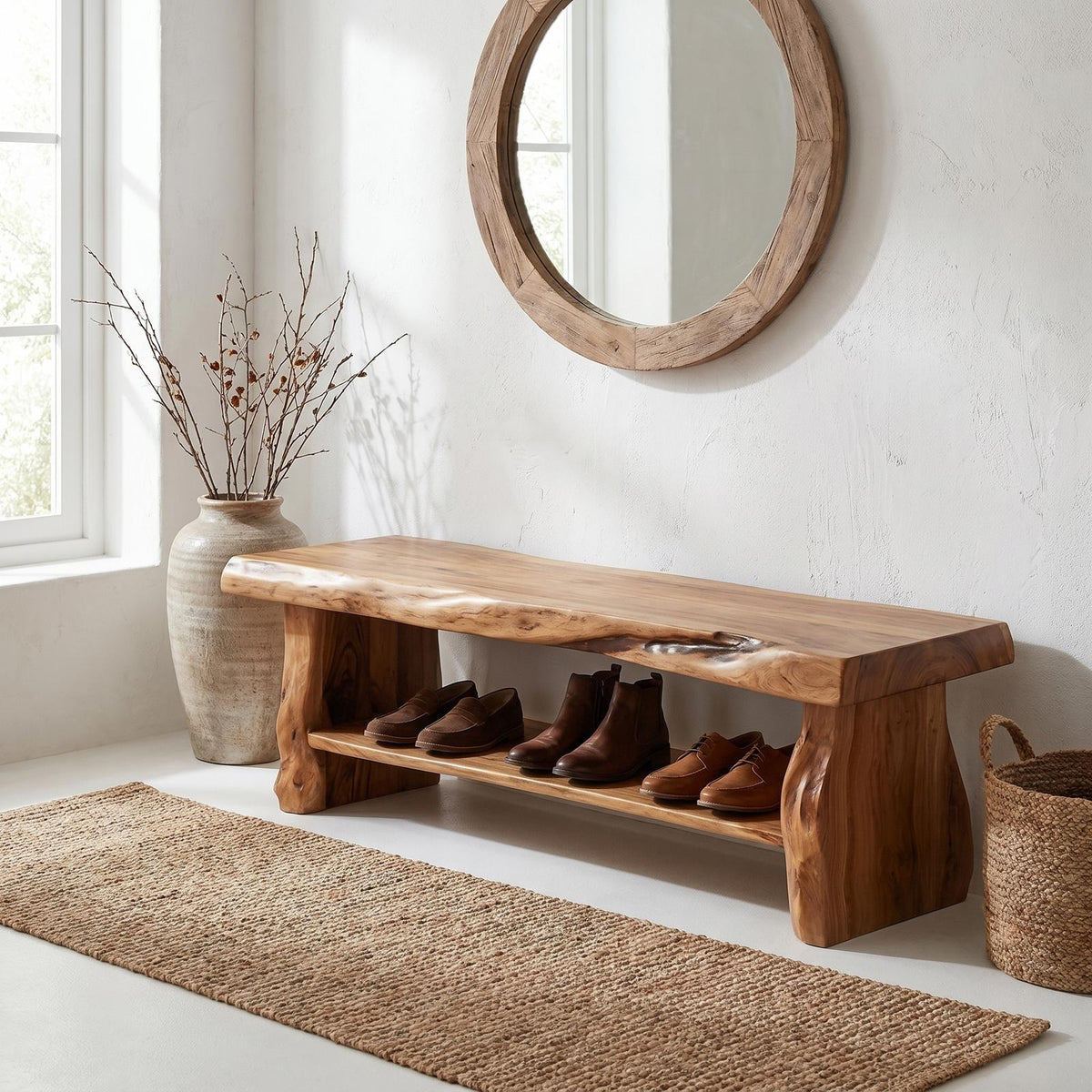 Rustic Solid Wood Shoe Bench, Natural Entryway Shoe Organizer Rack & Seat with Storage