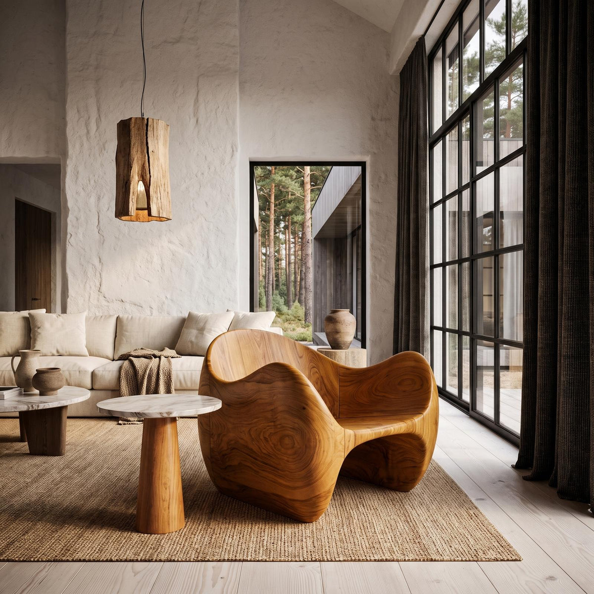 Modern Wooden Accent Chair With Sculptural Curved Frame For Living Room SINLHACHR038