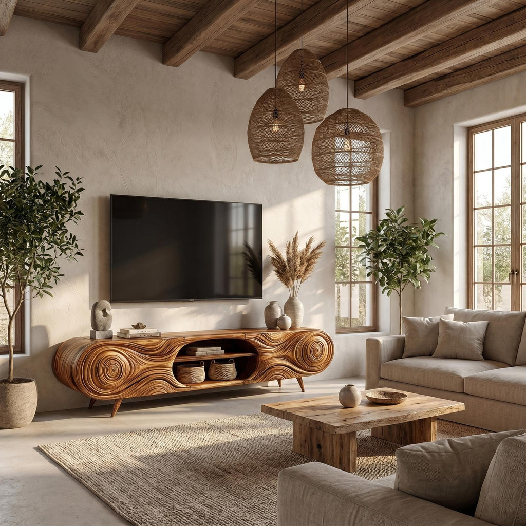 Organic Modern TV Cabinet, Handcrafted Sculptural Wood Grain Media Console Board with Storage for Living Room, Model