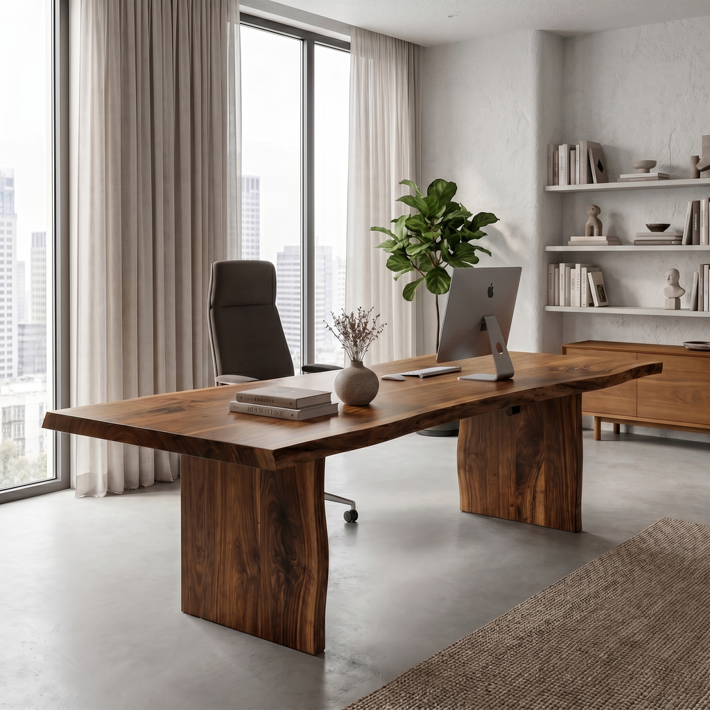 Rustic Live Edge Wooden Desk with Solid Wood Pedestal Base, Natural Edge Executive Office Computer Table