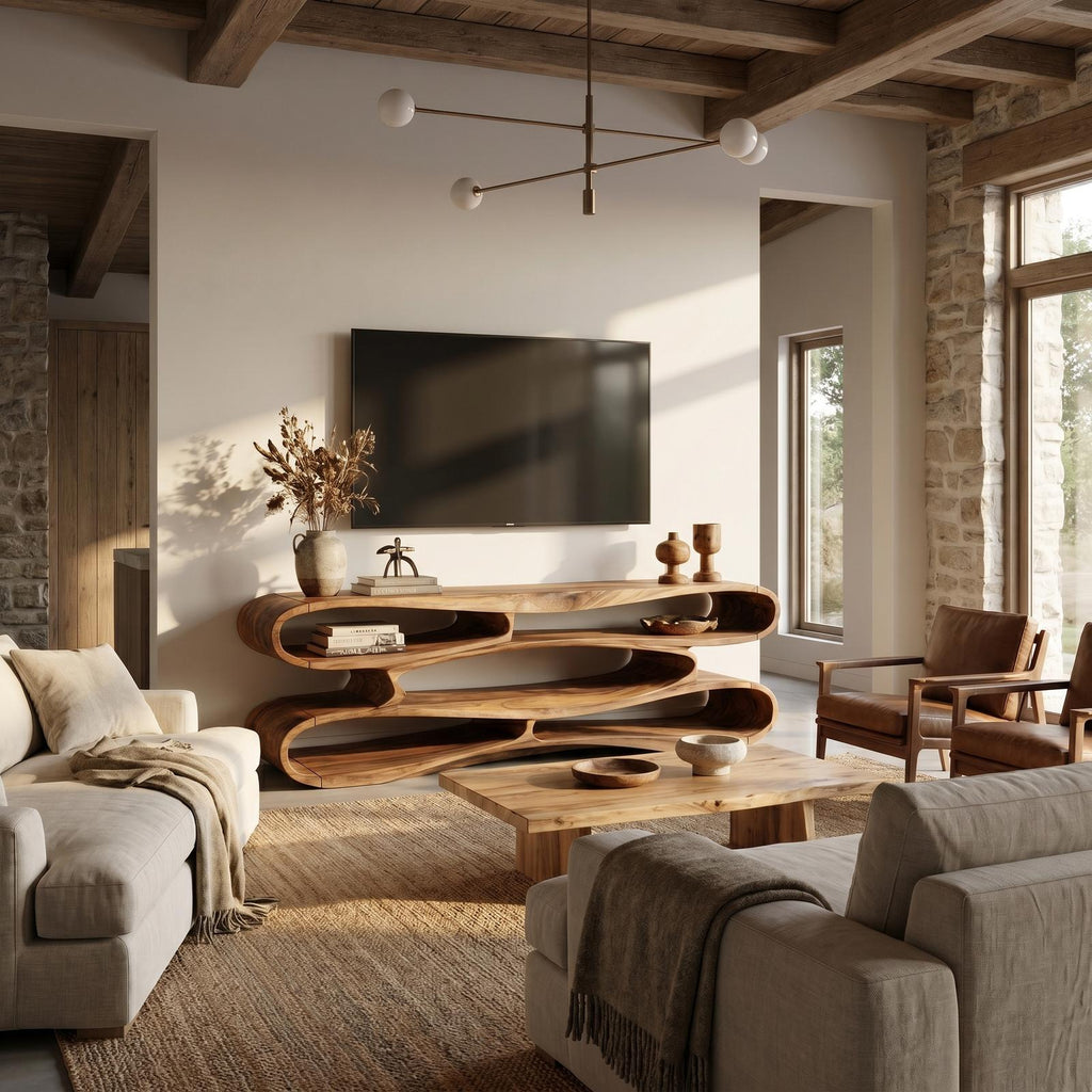 Sculptural Solid Wood TV Cabinet, Handcrafted Nature-Inspired Floating Media Console for Living Room TV Stand, Model