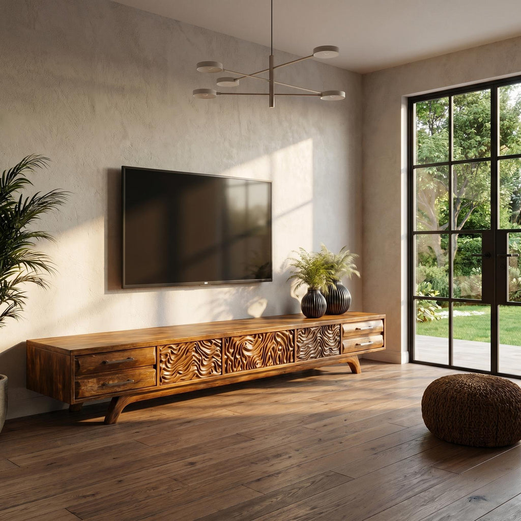 Rustic Solid Wood TV Cabinet, Handcrafted Nature-Inspired Branch Shape Media Console Table for Living Room, Model