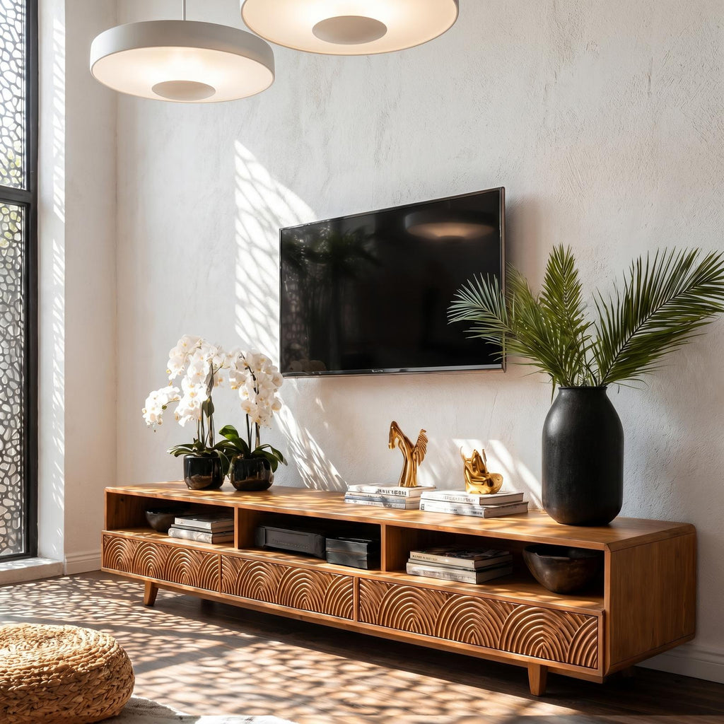Rustic Wood TV Cabinet, Handcrafted Reclaimed Style Media Stand Board with Storage Doors for Living Room, Model