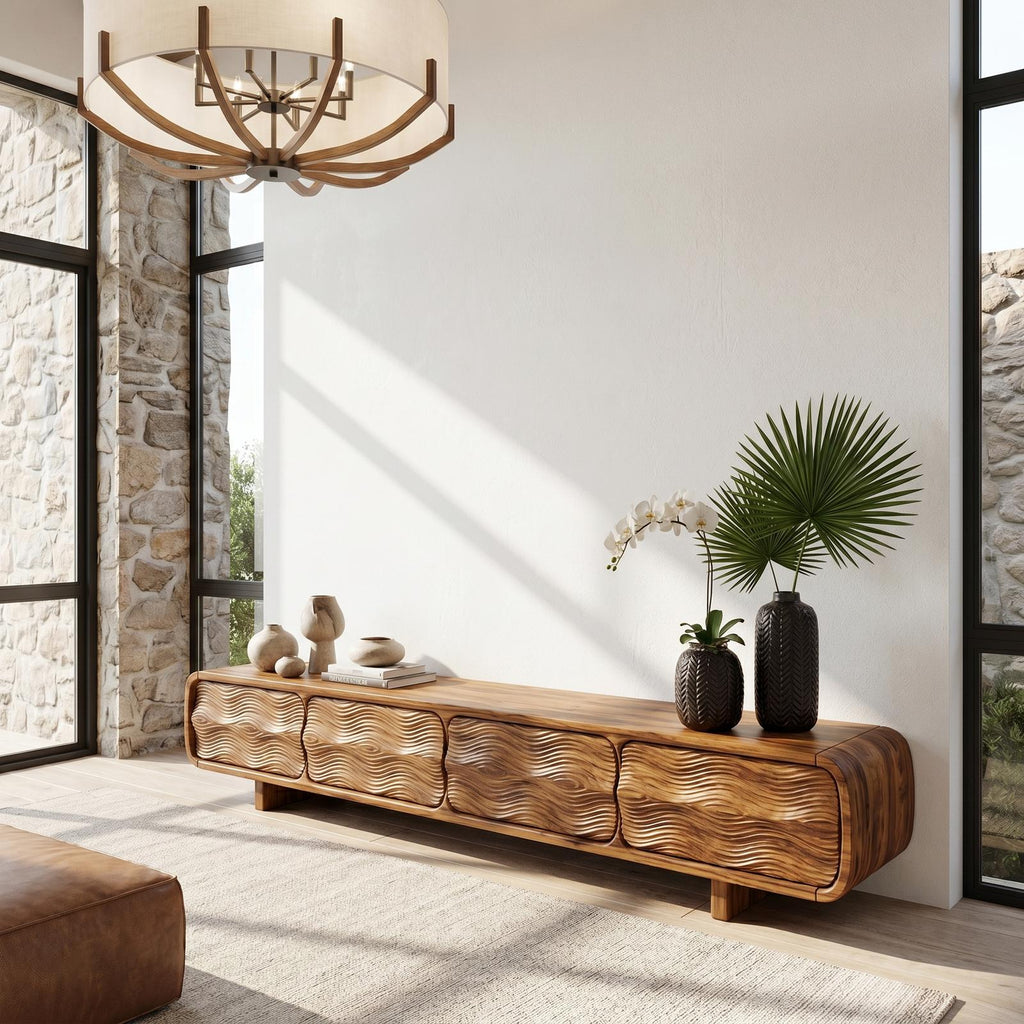 Rustic Solid Wood TV Cabinet, Handcrafted Log Style Media Console Board with Storage for Living Room, Model