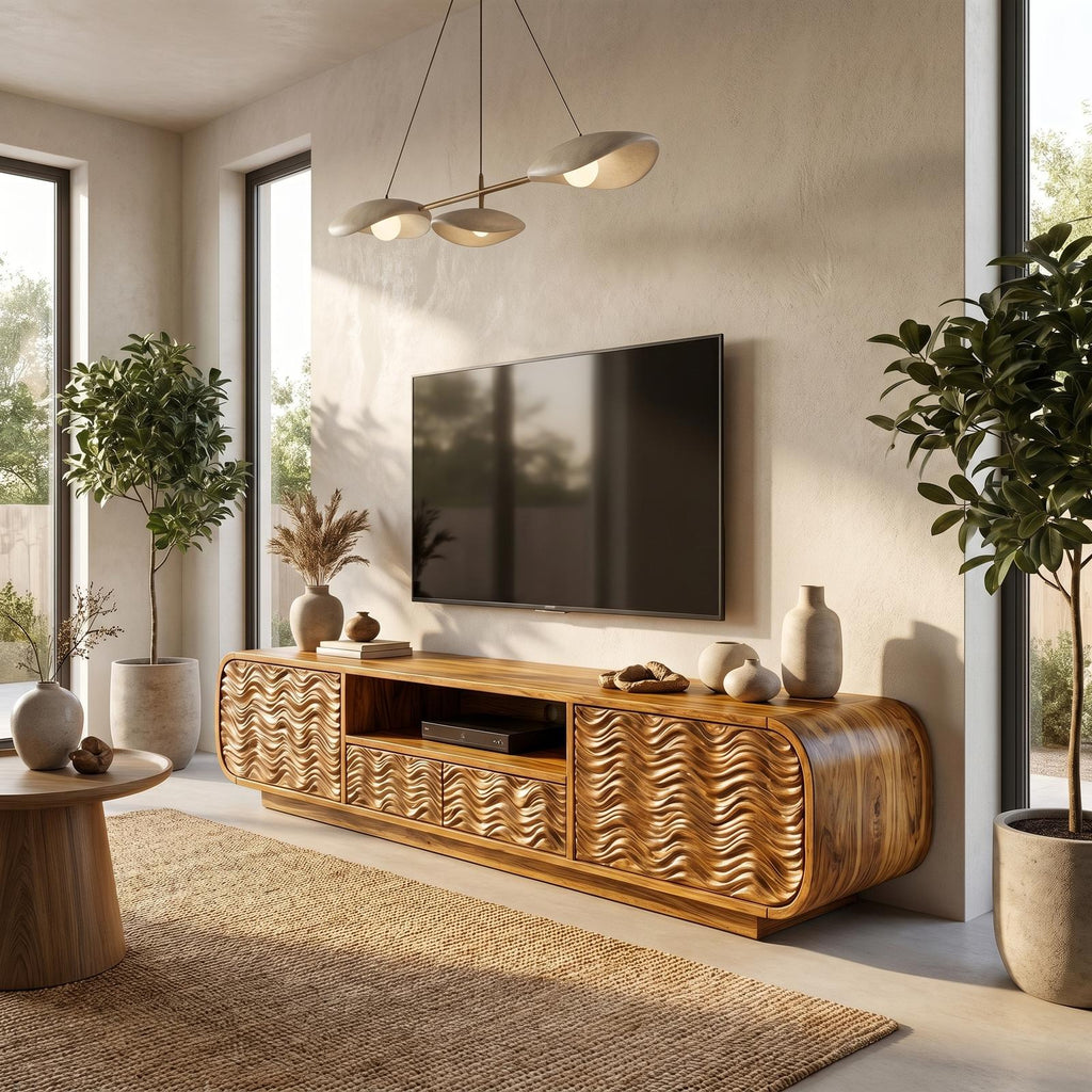 Modern Solid Wood Entertainment Center, Handcrafted Organic Wave Shaped TV Console for Living Room, Model