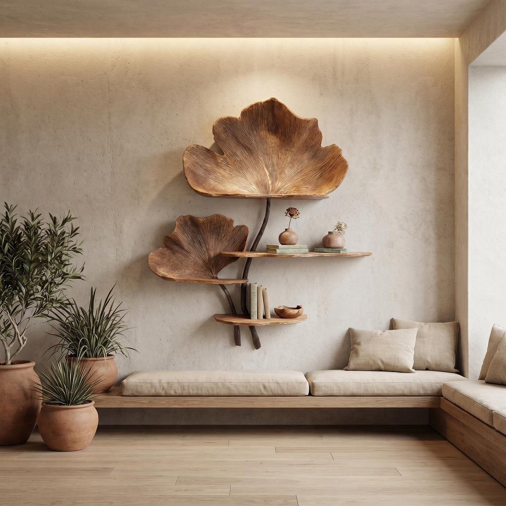 Organic Tree Wall Shelf, Leaf Shape Design Floating Solid Wood Display Rack for Bedroom Living Room