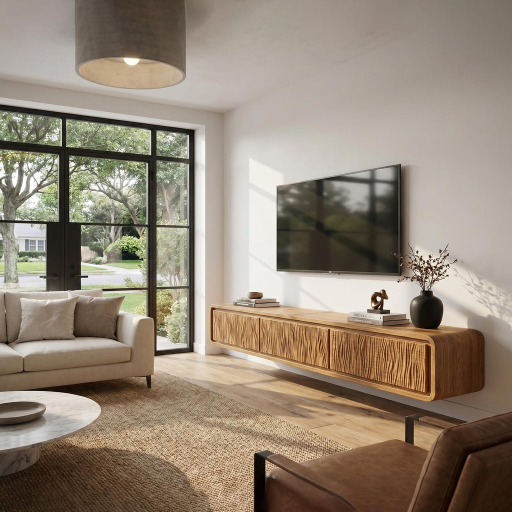 Organic Modern Wall Mounted TV Cabinet, Handcrafted Solid Wood Floating Media Console Entertainment Center, Model