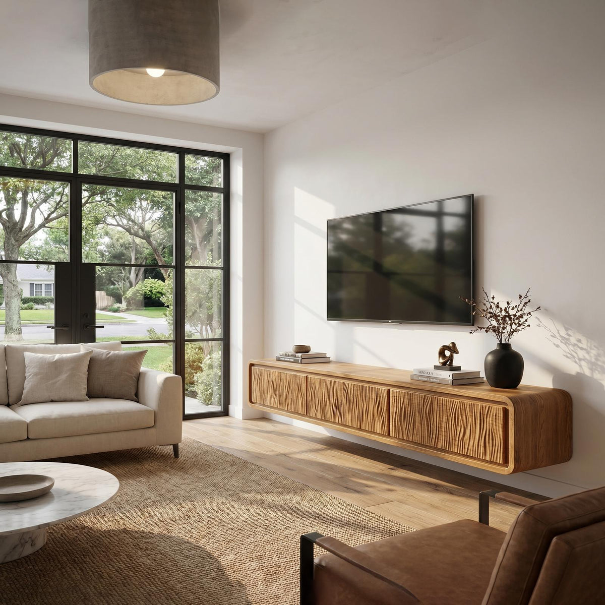 Organic Modern Wall Mounted TV Cabinet, Handcrafted Solid Wood Floating Media Console Entertainment Center, Model