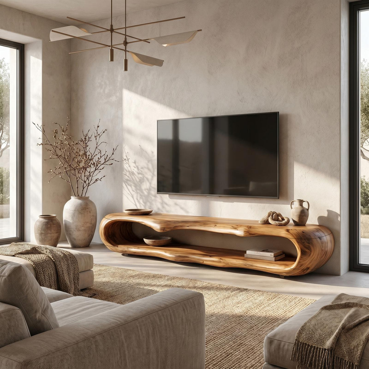 Sculptural Wood TV Cabinet, Handcrafted Nature-Inspired Artistic Media Console Credenza for Living Room, Model