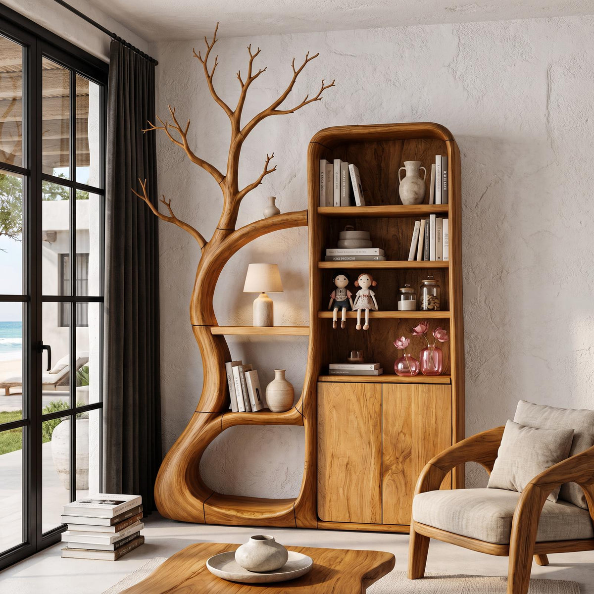 Rustic Tree Cabinet With Branch Inspired Shelving For Reading Room