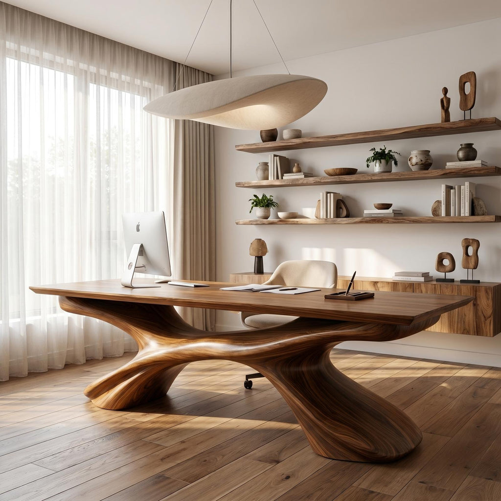 Modern Executive Desk, Handcrafted Sculptural Solid Wood Home Office Computer Writing Workstation Table, Model