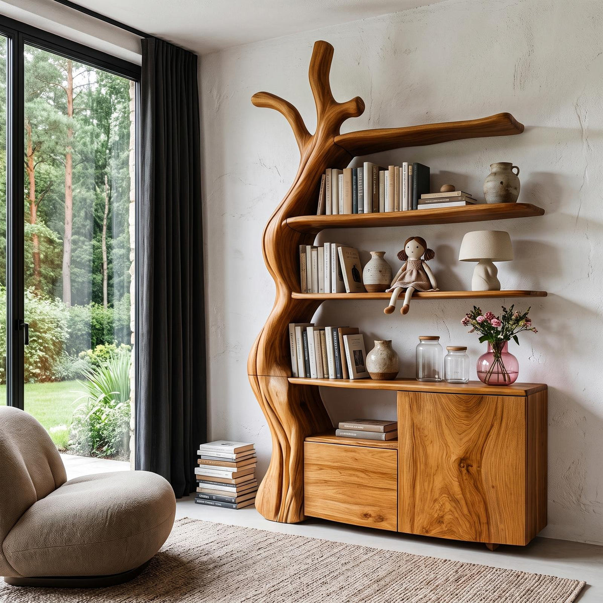 Organic Display Cabinet With Flowing Tree Silhouette For Bedroom