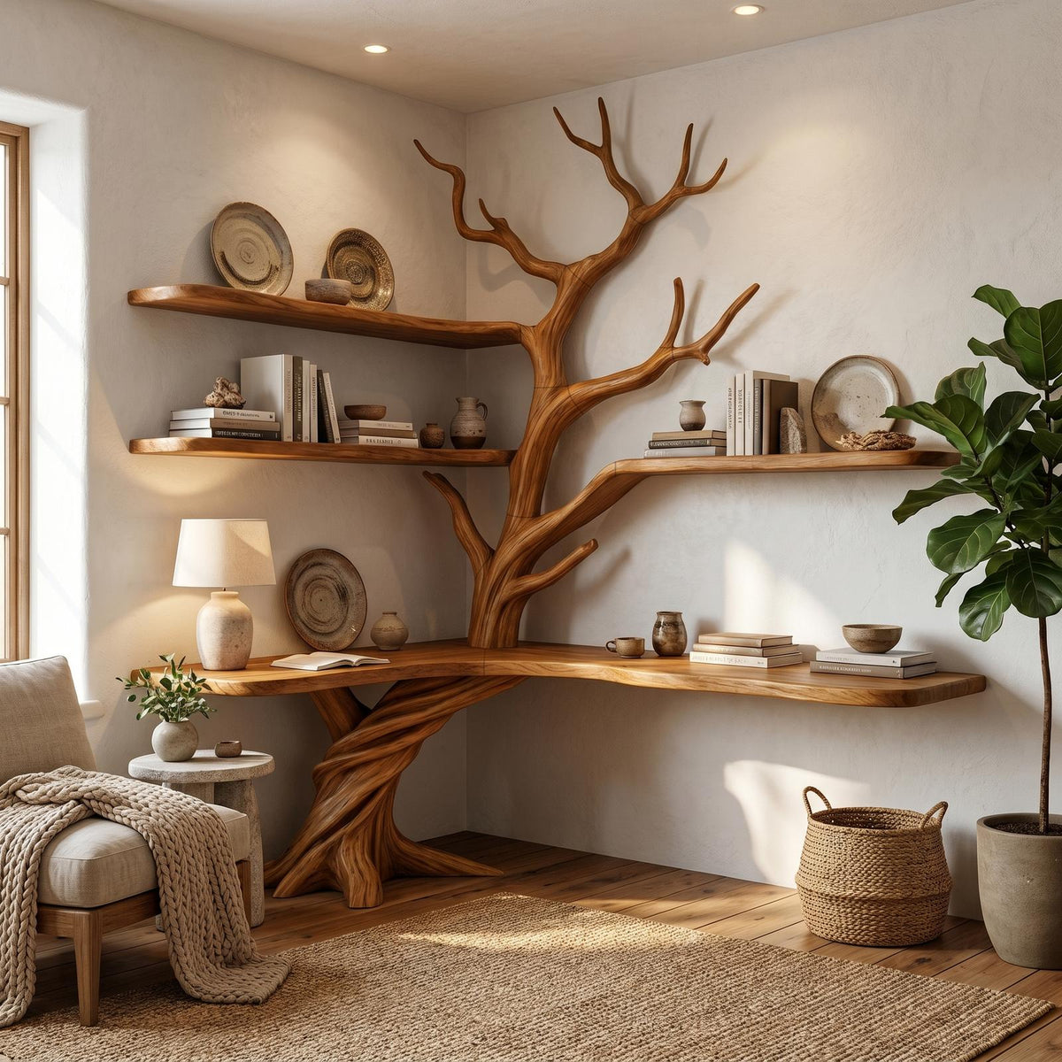 Organic Corner Desk With Sculptural Tree Branch Shelving For Home Office And Workspace SINLHADK130