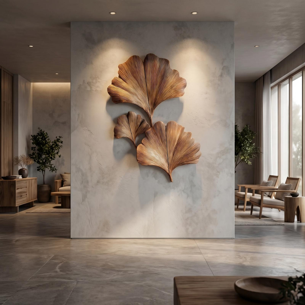Spry Interior Sculptural Ginkgo Leaf Wood Wall Art, Handcrafted Abstract Botanical Wooden Sculpture for Living Room & Bedroom, SINLHAWD066