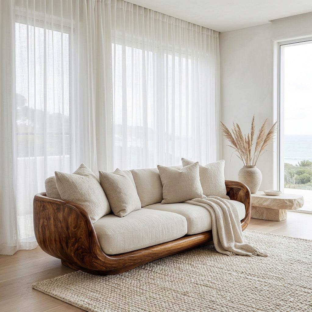 Organic Wooden Sofa with Rounded Edges, Contemporary Timber Loveseat Settee, Minimalist Couch for Living Room