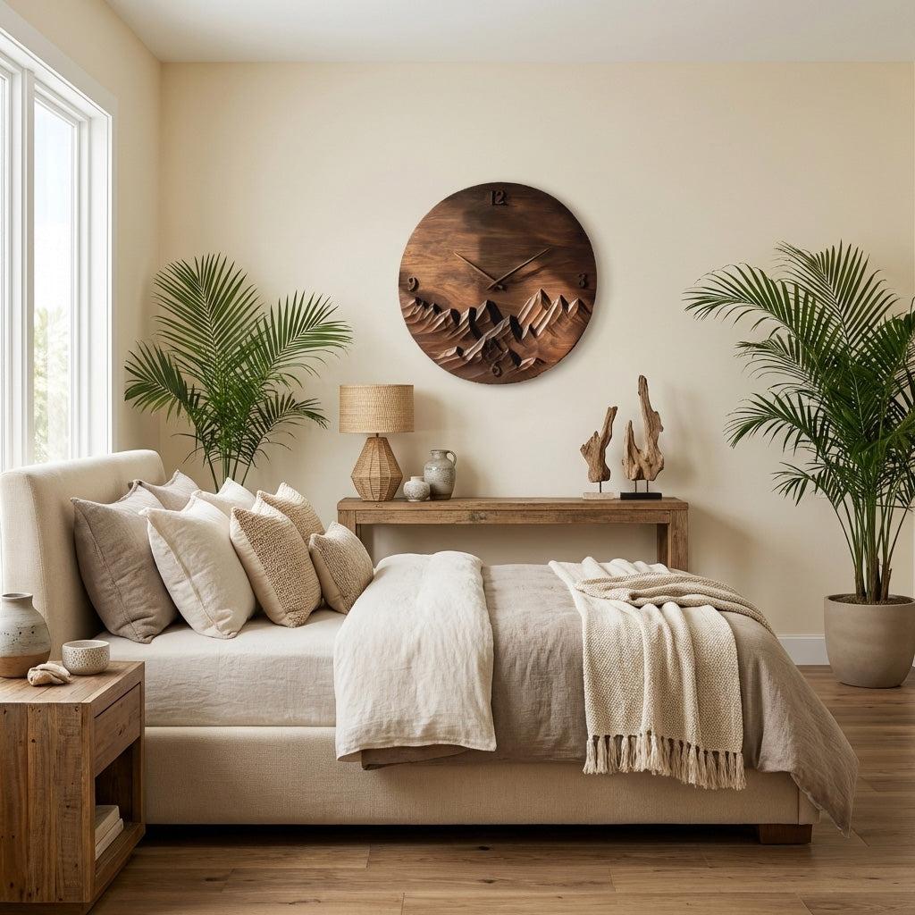Modern Wall Clock Mountain Landscape, Handcrafted Wooden Hanging Art Timepiece for Cozy Living Room