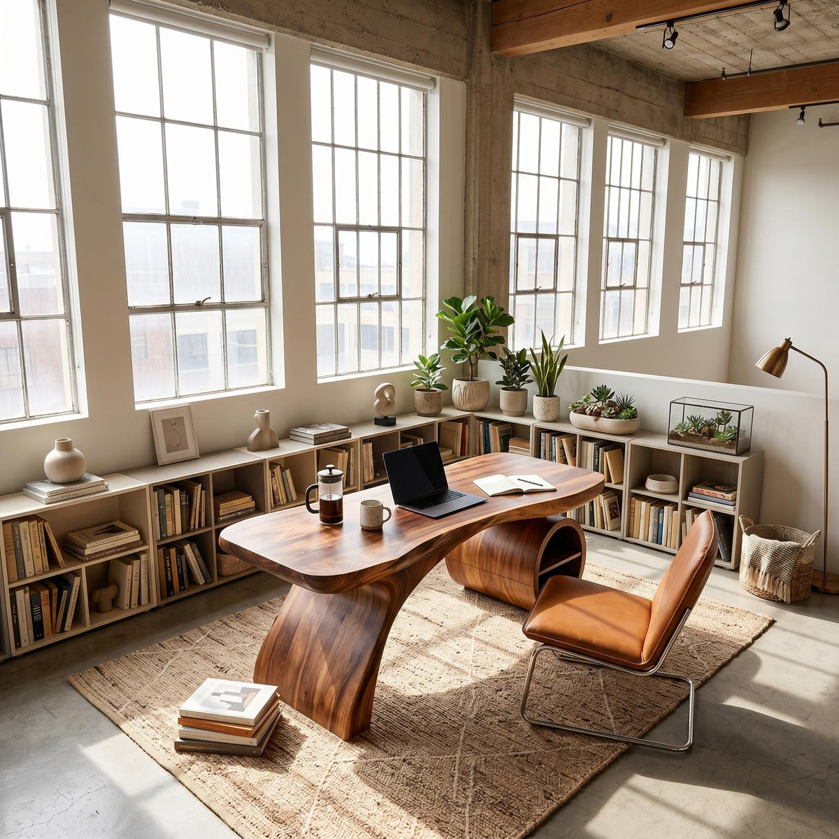 Modern Sculpted Wood Office Desk with Open Shelving Storage, Handcrafted Solid Wood Computer Desk, Writing Table