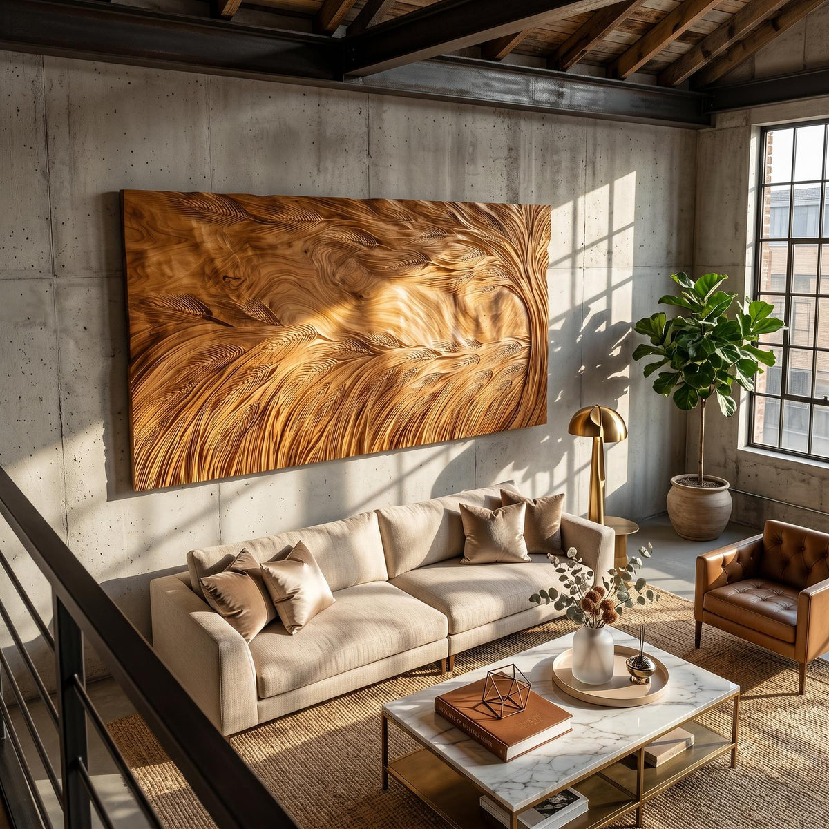 Sculptural Wooden Wall Art with Wave Texture, Abstract Carved Wall Panel for Living Room
