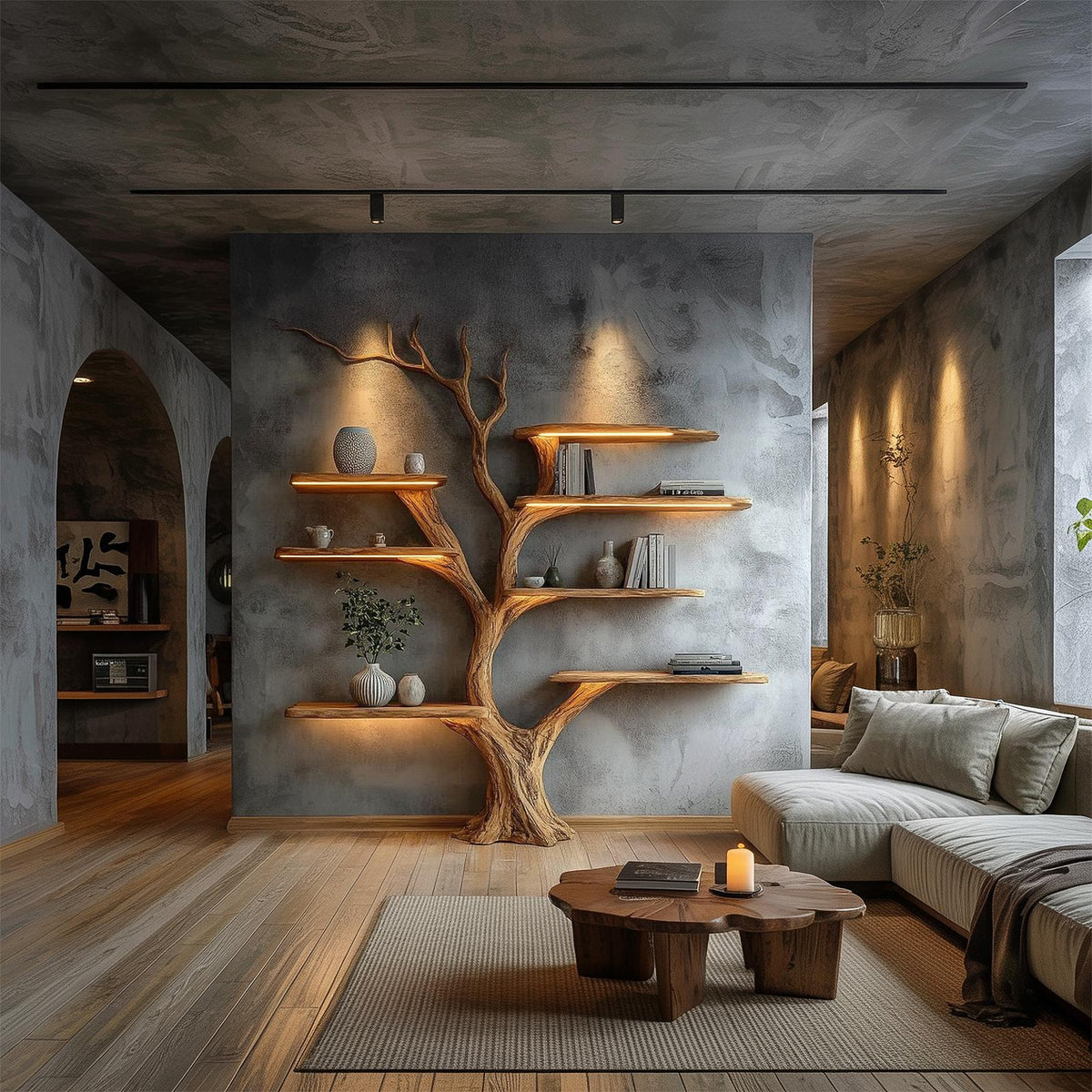 Rustic Sculptural Tree Bookshelf, Wall Mounted Wood Branch Bookcase, Statement Living Room Wall Art Feature