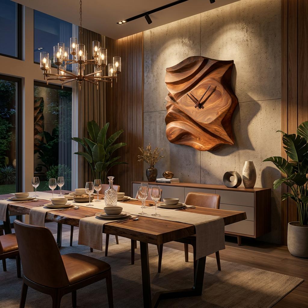 Contemporary Wooden Wall Clock, Hand-Carved Abstract Wave Wood Accent Clock for Bedroom & Living Room Decor