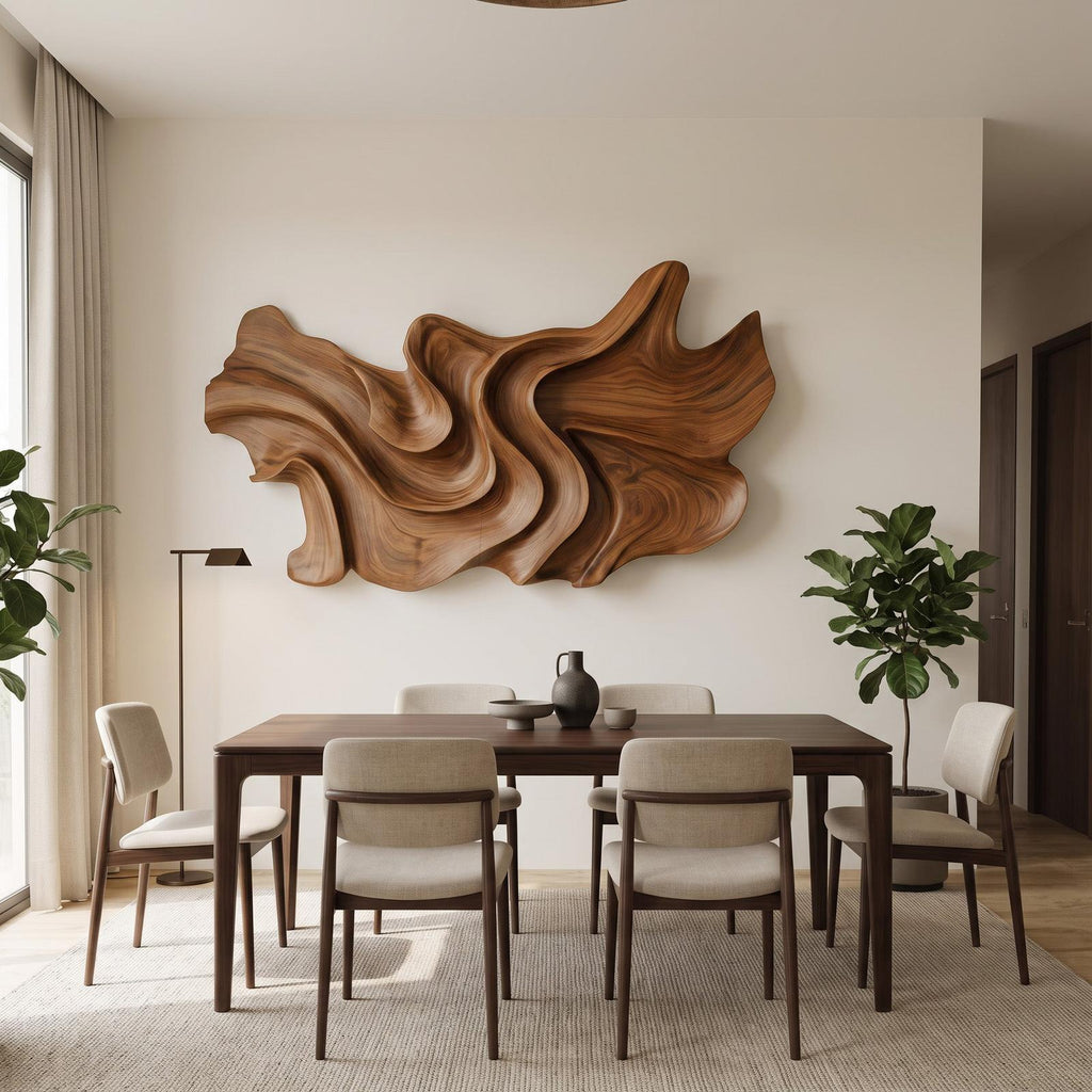 Modern Sculptural Wood Wall Art, 3D Hand-Carved Abstract Geometric Wooden Wall Hanging Panel for Living Room & Bedroom