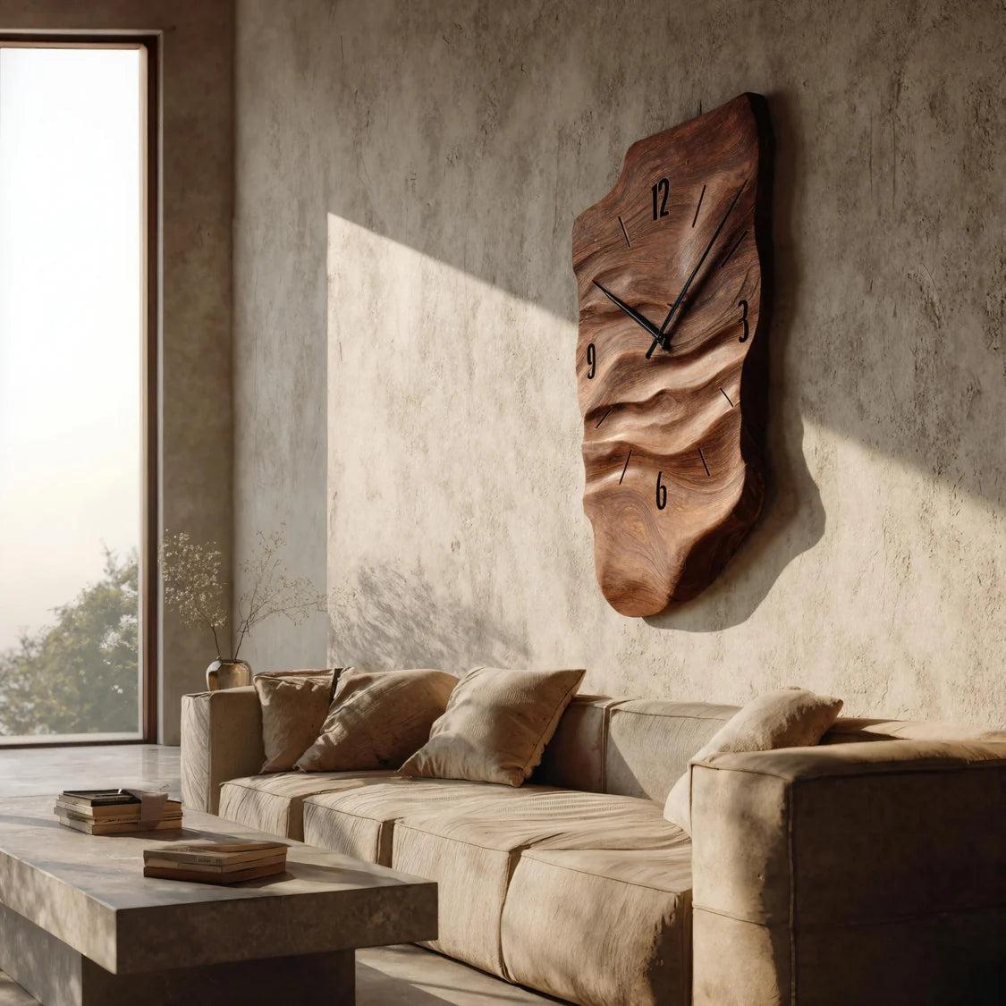 Modern Wall Clock, Carved Wood Circular Abstract Design Hanging Clock for Living Room & Bedroom Wall Decor