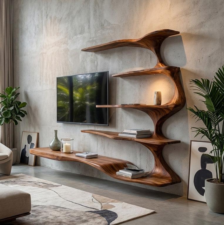 Organic Natural Wood TV Shelf For Living Space