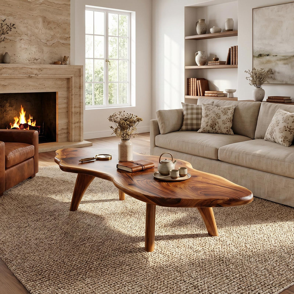 Mid Century Modern Live Edge Coffee Table, Handcrafted Natural Wood Slab Center Table with Metal Legs