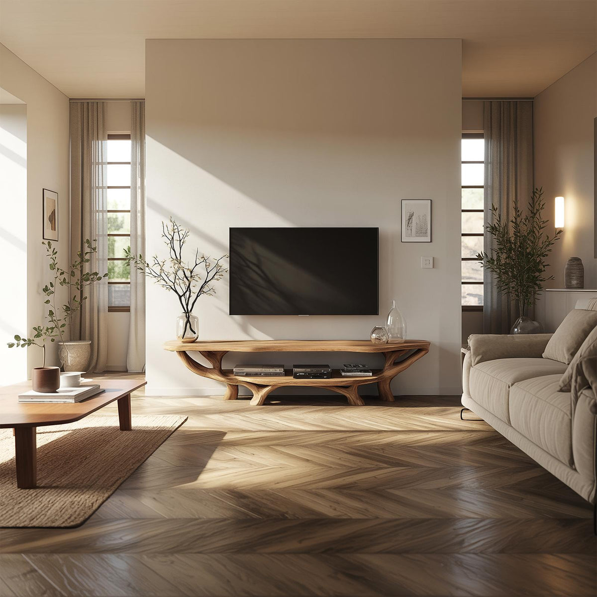 Rustic Organic Solid Wood TV Stand, Natural Live Edge Media Console Cabinet for Living Room & Bedroom